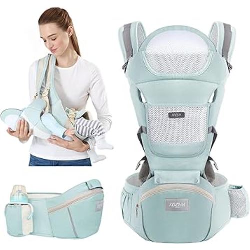 6-in-1 Safety Certified Ergonomic Quality Baby Carrier with Hip Seat: Kangaroo Bag Design for Newborns to Toddlers. Head Supporting Front and Back Support for Parents (Green)
