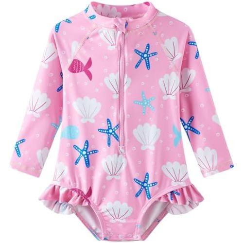 Baby Girls' One Piece Swimsuit Rash Guard Swimwear Long Sleeve with UPF 50+ Sun Protection