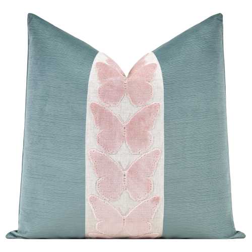 Striated Velvet Pillow Cover with Large Butterfly Trim | Dusty Turquoise Velvet Pillow Cover with Wide Ballet Pink Butterfly Trim | Lumbar
