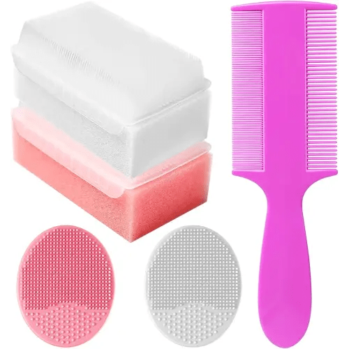 Cradle Cap Brush for Babies, Set of 5 Baby Bath Essentials with Bath Sponge Silicone Scrubber Long Handle Comb for Newborns Toddlers Boys Girls (Pink)