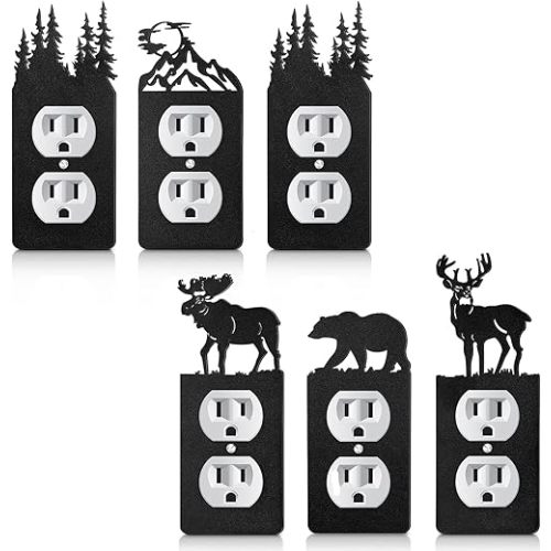 Lothee 6 Pcs Metal Bear Light Switch Cover Plate Moose Tree Mountain Elk Forest Outlet Plate Toggle Outlet Wall Cover for Home(Single Gang Socket)