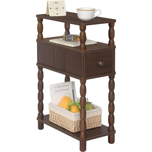 MaxSmeo Narrow Side Table, Small Nightstand with Drawer, Skinny End Table with Storage for Small Spaces, Bedroom, Living Room (Walnut Brown)