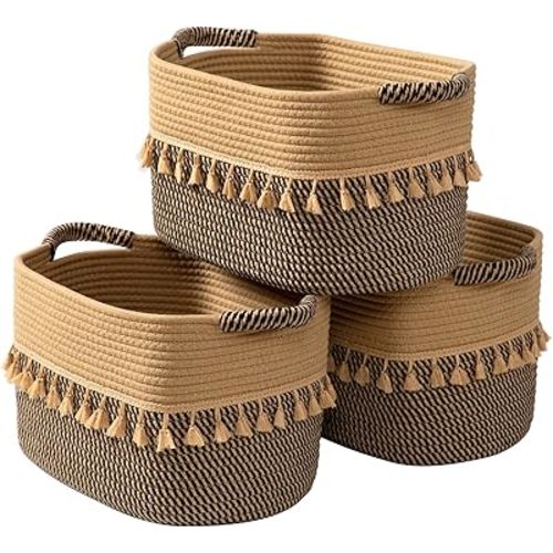 TeoKJ Set of 3 Baskets for Organizing, Decorative Rope Baskets for Storage, Storage for Pets, books, Pillows, Toys & Cloths, Black & Jute