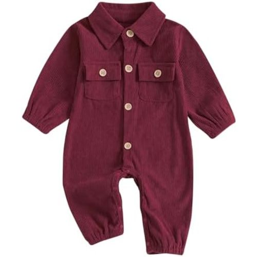 Karuedoo Newborn Baby Boy Girl Clothes Corduroy Long Sleeve Button Up Romper Jumpsuit Collared Bodysuit Fall Winter Outfit
