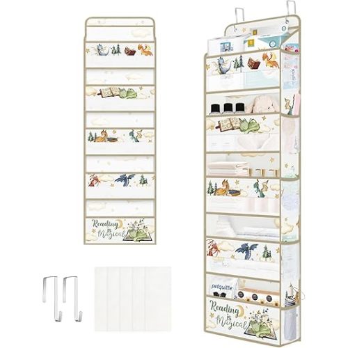 Clastyle Dinosaur Over the Door Organizer Tree Nursery Hanging Storage Organizer for Kids Clothes Diaper Toy Closet Door Hanging Shelf Storage for Bedroom Bathroom Pantry, Magic, 5-Tier