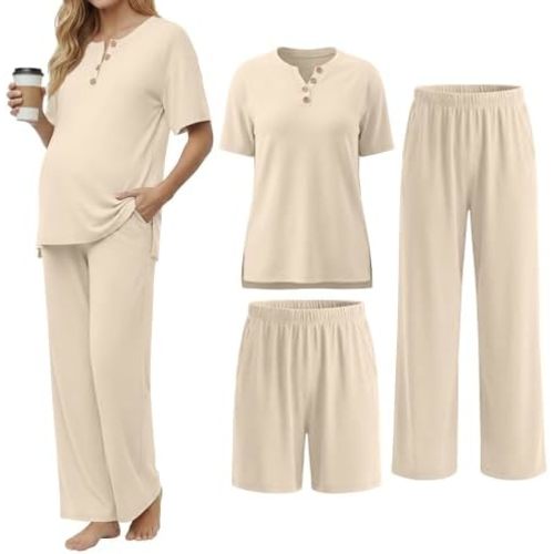 3 Piece Maternity Lounge Set Postpartum Pajamas Outfits Pregnancy Clothes Short Sleeve T-Shirt Shorts Pants Pockets