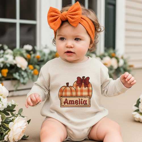 Personalized Pumpkin Baby Outfit with Bow, Custom Name Fall Romper, Cute Thanksgiving Bodysuit, Autumn Baby Girl Shirt, Holiday Gift Outfit