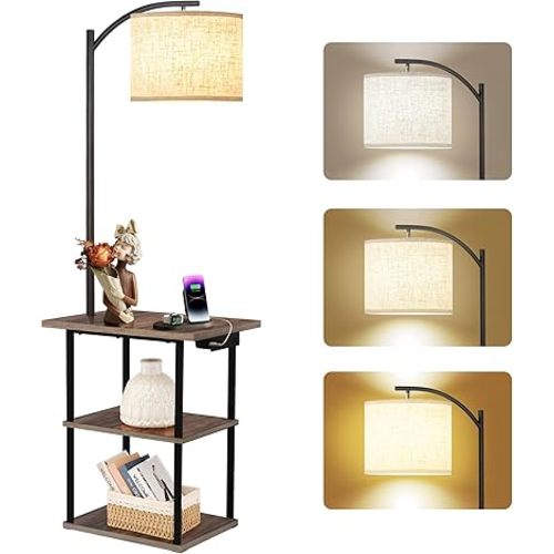 PESRAE Floor Lamp with Table,Lamps for Nightstand with Charging Station(USB & Type-C & AC Port), 3 Color Temperatures 9W LED Bulb, Modern Shelves Side Table for Bedroom, Office