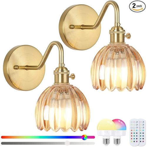 Battery Operated Wall Sconce Vintage,Battery Wall Sconces Set of Two with RGB Dimmable Remote Control,Rechargeable Wireless Wall Lights with Remote for Bedroom Living Room (Amber)