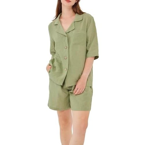 Simple&Opulence Women's 100% Linen Pajama Set Soft Shirt and Pants 2 Pieces Loungewear Slim Fit Soft and Breathable S-L