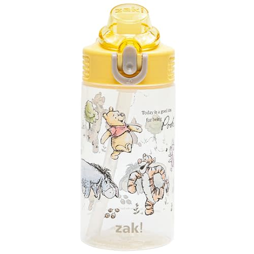 Zak Designs Disney Winnie the Pooh Sage Kids Water Bottle For School or Travel, 16oz Durable Plastic Water Bottle With Straw, Handle, and Leak-Proof, Pop-Up Spout Cover (Winnie the Pooh & Friends)