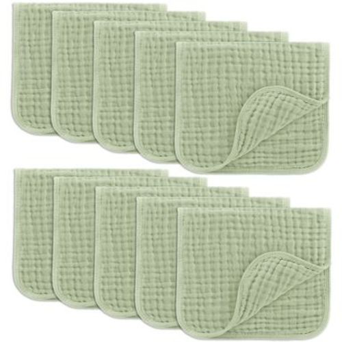 Muslin Burp Cloths Large 100% Cotton by Comfy Cubs (Sage, Pack of 10)