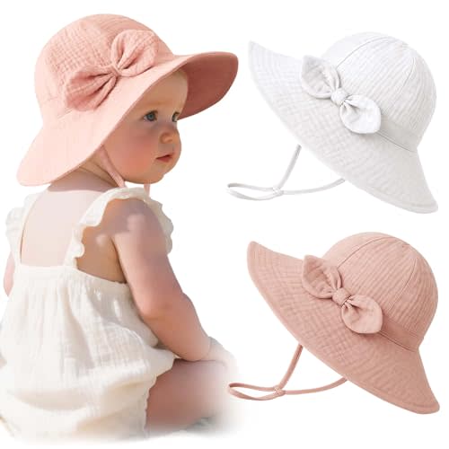 Konssy 2 Pack Muslin Baby Sun Hat UPF 50+ Sun Protection White Pink
