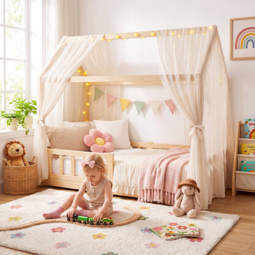 Trinx Crib Size Wooden Montessori House Floor Bed with Roof & Safety Guardrails, Low Profile Toddler House Bed Frame for Boys Girls | Wayfair
