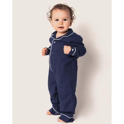 Infant's Navy Romper with White Piping | Petite Plume