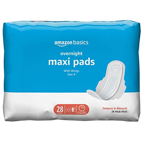Amazon Basics Thick Maxi Pads with Wings for Periods - Overnight Absorbency, Unscented, Size 4, 28 Count (Previously Solimo)