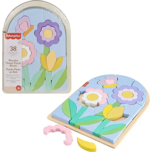 Fisher-Price Wood Preschool Toy Flower Puzzle Blocks, 38-Piece Wooden Stacking Set for Developmental Play Kids Ages 3+ Years