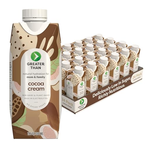 Greater Than Nutrient Hydration Beverage, Electrolyte Drink for Gut Health & Energy with Coconut Water, Vitamins, Gluten Free, Plant Based, Low Sugar, Cocoa Cream, 24 Pack