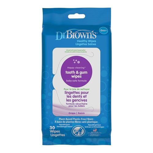 Dr. Brown's Tooth and Gum Healthy Wipes, Fluoride-Free Oral Care for Babies, Grape Flavor, 30 count, 1-Pack (Packaging May Vary)