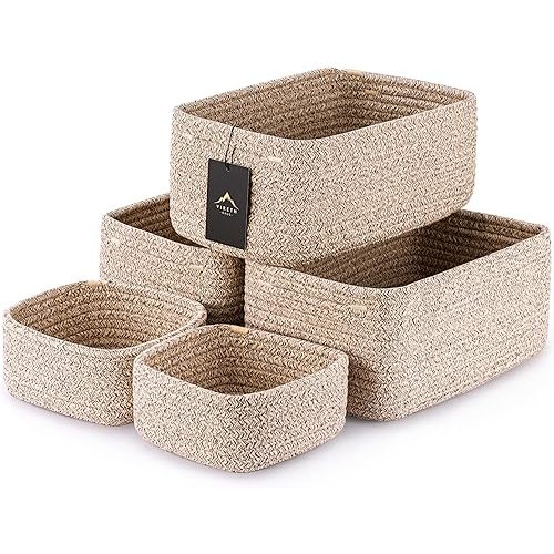 VIRETH HAUS 5-Pack Small Woven Rope Storage Baskets – 2 Sizes Organizer Bins for Closet, Shelf, Bookshelf, Nursery, Changing Table, Fabric Cube Boxes, Rectangular Shallow Bins for Bathroom, Toy & Home