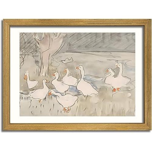 Vintage Framed Goose Wall Art Watercolor Print, Rustic Farm Duck Decor Canvas Painting, Minimalist Pastoral Poster Picture, Country Cottage Wall Decor for Living Room Kitchen Bathroom Bedroom 8x10 in