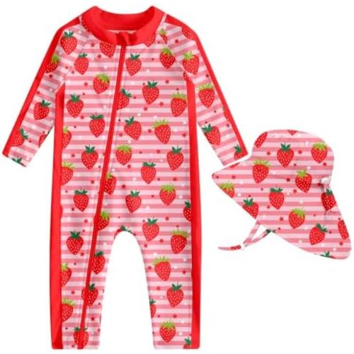 UNIFACO Baby Boy Swimsuit UPF 50+ Sun Protection One Piece Zip Bathing Suit with Sun Hat Infant Sunsuit Swimwear