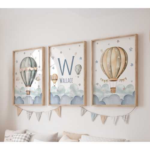 Custom Hot Air Balloon Prints, Set of 3 Adventure Nursery Wall Art, Boho, Baby Boy Nursery Decor, Watercolor Clouds, Personalized Name Sign