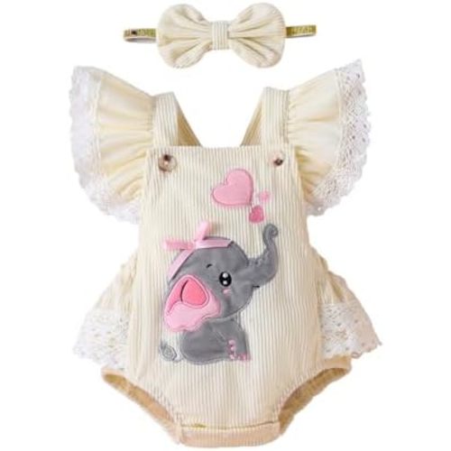 Newborn Girl Outfit, Fly Sleeve Embroidery Elephant Heart Romper with Hairband Valentine’s Day Clothes