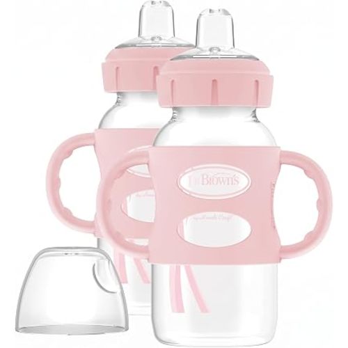 Dr. Brown's Milestones Wide-Neck Sippy Spout Bottle with 100% Silicone Handles, Easy-Grip Handles with Soft Sippy Spout, 9oz/270mL, Light-Pink, 2-Pack, 6m+