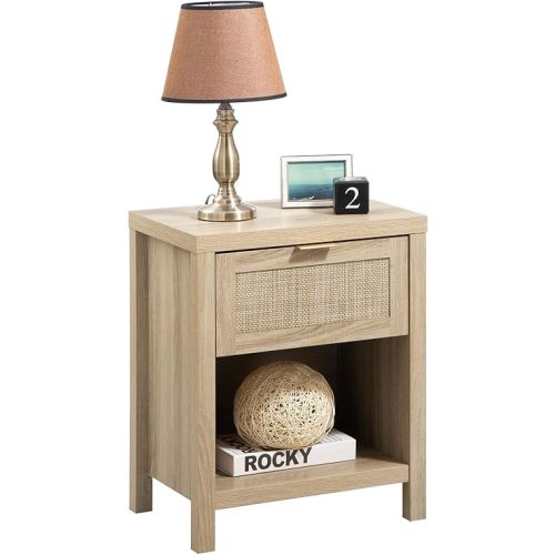 SICOTAS Rattan Nightstand 19.7" Boho Night Stand with Drawer