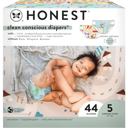 The Honest Company Comfort Dry Disposable Diapers for Sensitive Skin, Hypoallergenic, Fragrance-Free, Spring '25 Seasonal Prints, Club Box, Size 5 (27 lbs), 44 Count