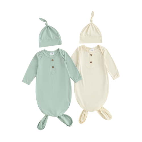 Bagilaanoe 2 Packs Newborn Boy Girl Sleeping Sack 0-3M Baby Solid Color Long Sleeve Wearable Blanket Infant Swaddle Sleep Bag + Beanie Hat Set