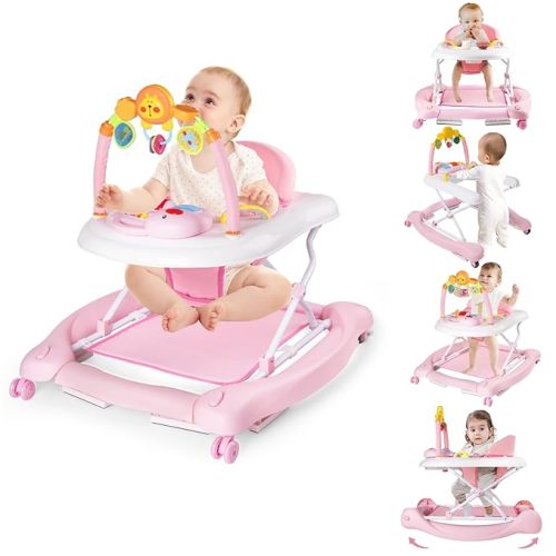 5-in-1 Baby Walker, Baby Walkers for Boys Girls 6-12 Months, Foldable Activity Walker, Toddler Infant Walker with Bouncer, Adjustable Height, Removable Footrest, Feeding Tray, Music