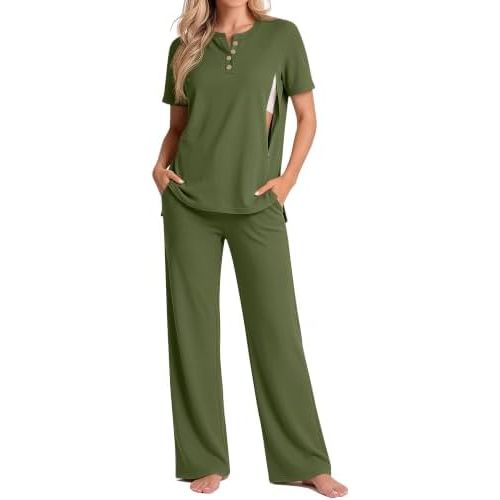 2 Piece Maternity Nursing Set Postpartum Breastfeeding Short Sleeve Zipper Shirts Wide Leg Pants Pregnancy Clothes