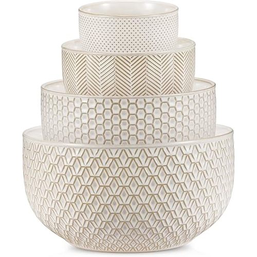 KooK Ceramic Mixing Bowls, Nesting Set of 4, Embossed Kitchen Dishware, Prep, Serving, Gift, Microwave and Dishwasher Safe, 20/44/98/145 oz, Narbonne Collection (Ivory)