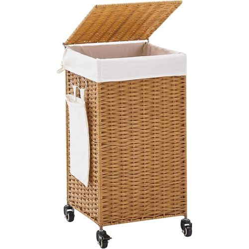 Handwoven Hamper with Lid, Laundry Basket with Wheels, Machine Washable Liner, Clothes Hamper for Bathroom Laundry Room Bedroom(Rattan, 78L)