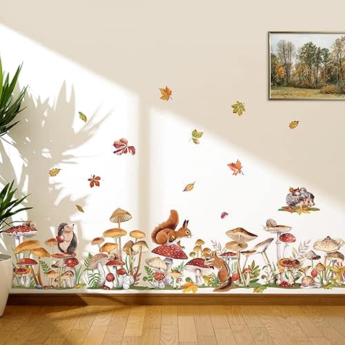 decalmile Mushroom Wall Decals Woodland Squirrel Grass Spring Baseboard Skirting Line Wall Stickers Bedroom Living Room Wall Decor