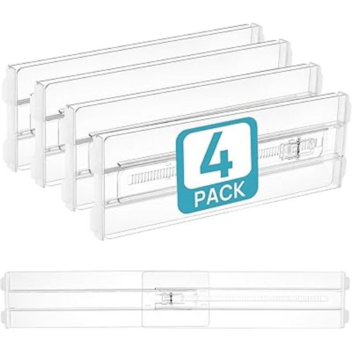 Vtopmart 4 Pack Drawer Dividers for Clothes, 4" High 13"-22" Adjustable Expandable Dresser Drawer Organizer, Clear Plastic Separators for Dresser, Baby Clothing, Underwear, Cosmetic, Toiletries