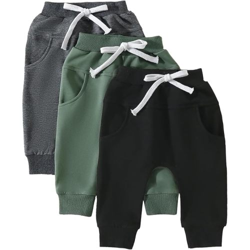 Yoawdats Baby Boys' 3-Pack Pull-on Jogger Pants Knit Pants Classic Fit Elastic Waist Kids Toddler Pants Multipacks Long Pants