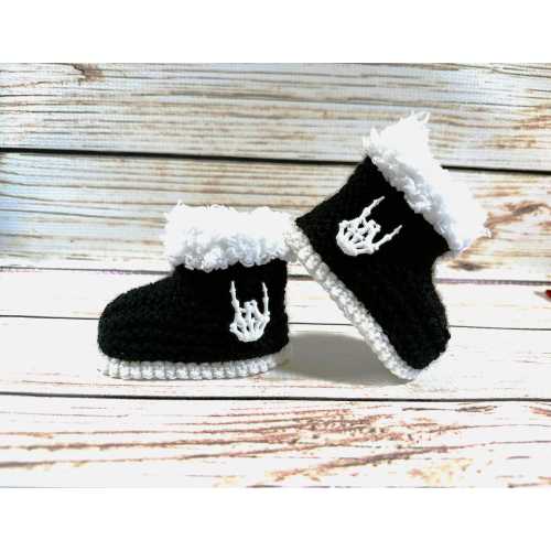 Hand Knitted Baby Goth Boots Booties Rock On Metal Head Skeleton Skull Clothes Coming Home Outfit Music Punk Gothic Shower Gift Newborn -12m