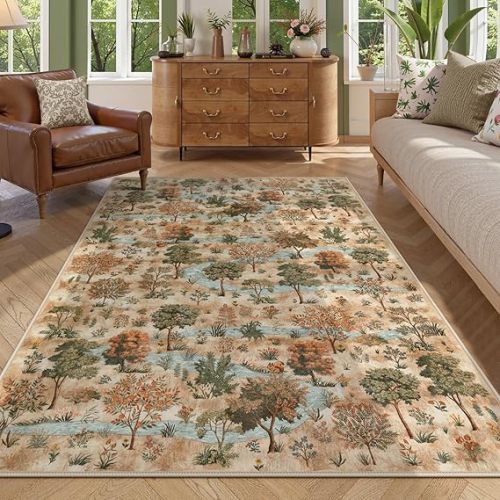 Wonnitar Brown Forest Machine Washable 5x7 Area Rug, Non Slip Dining Room Rug, Ultra-Thin Stain Resistant Neutral Bedroom Carpet for Playroom, Living Room, Dorm, Office