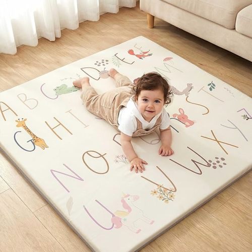 Baby Play Mat for Floor 50x50, 1.5” Thick Vegan Leather Crawling Mat with Removable Cover, Waterproof Playpen Mat for Infants and Toddlers, Wipe-Clean Kids Playmat, ABC