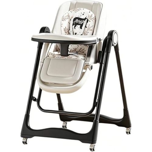 5-in-1 Baby High Chair with Locking Wheels, Foldable Multifunctional Infant Feeding Chair with Music & Early Learning, Adjustable Height and Reclining Backrest, Double Tray for Newborns to Toddlers