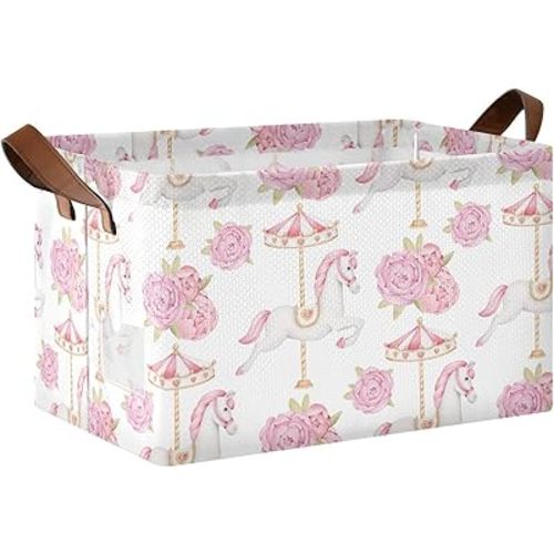 Cute Carousel Horse with Pink Flower Baby Storage Basket with Label&Handles Rectangular Waterproof Nursery Storage Bins Collapsible Shelf Organizer Baskets for Kids Books Cloth Gift Toys Laundry