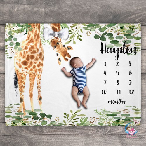 Giraffe Baby Milestone Blanket, Safari Animal Photo Prop, Custom Name