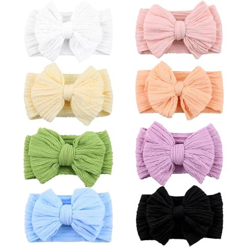 8 Pcs Baby Bows Headbands Soft Nylon Hairbands Super Elastic Headband Hair Accessories For Baby Girls Infant Toddler Essentials (8 Color-Light, Mid)