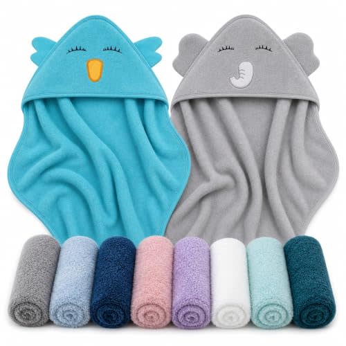 Cute Castle 2 Pack Hooded Baby Towel Rayon Made from Bamboo and 8 Washcloths - Lovely Elephant, Happy Bird