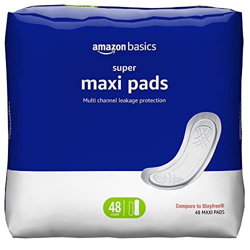 Amazon Basics Maxi Pads For Women- Thick, Super Absorbency, Unscented, 48 Count, 1 Pack (Previously Solimo)