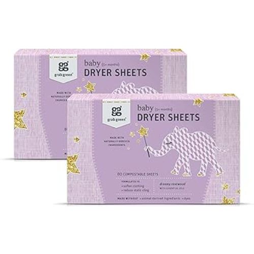 Grab Green Baby Laundry Dryer Sheets, 160 Sheets, Dreamy Rosewood Scent, Plant Based, Softens Clothing and Linens, Reduces Static Cling