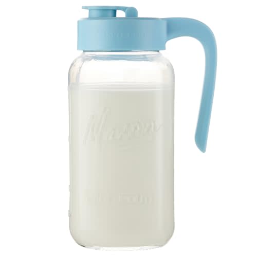 Mason Jar Pitcher, 64 oz (2 quart), Glass Pitcher with Lid | Airtight, Leak proof, Ergonomic Handle, Pour Spout Lid, Fridge Safe, for Sun Tea, Iced Tea, Cold Brew, Lemonade, Outside